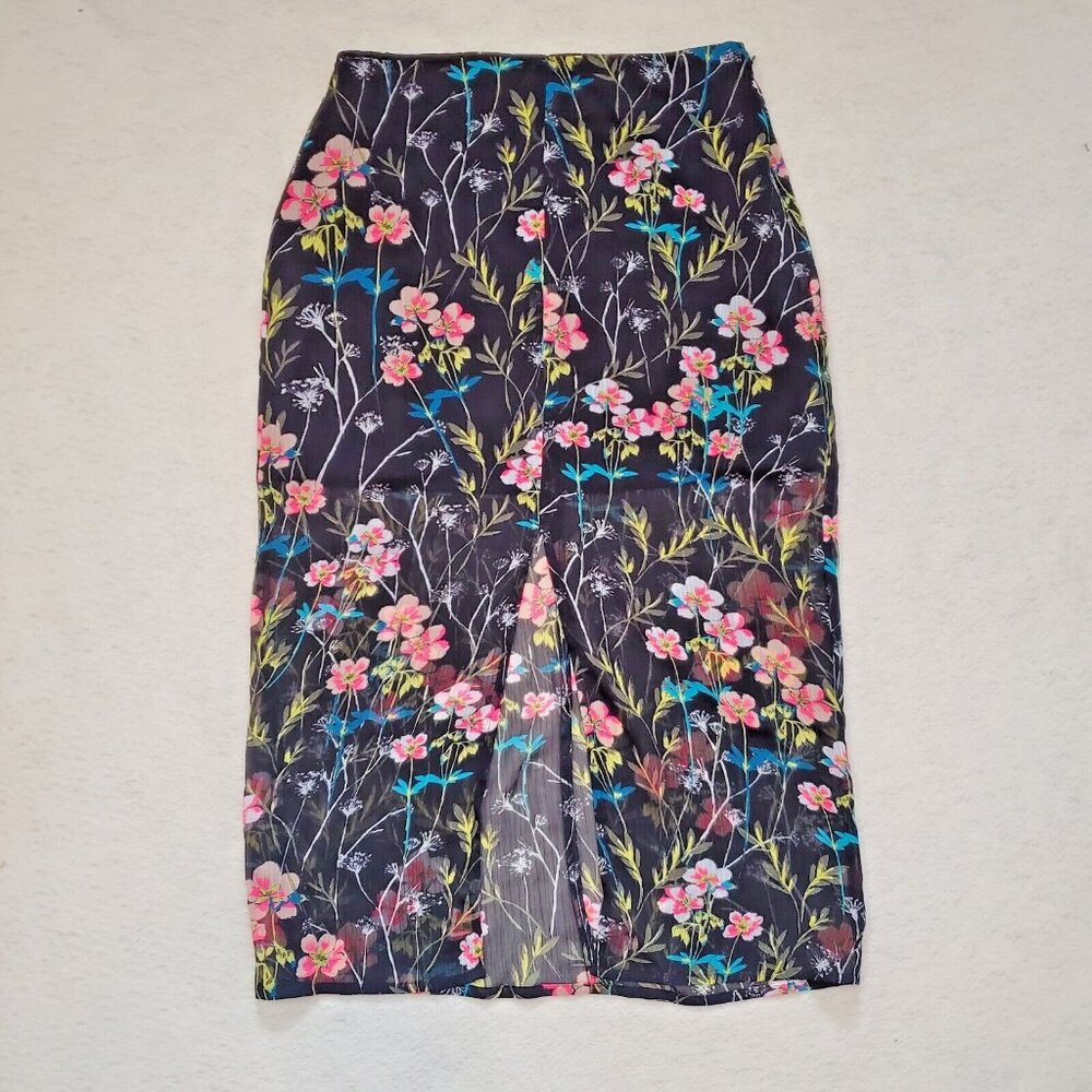 Express Skirt  Black  Floral Skirt S/P Sheer Witchy Whimsygoth Gypsy Black Flora - Picture 2 of 7
